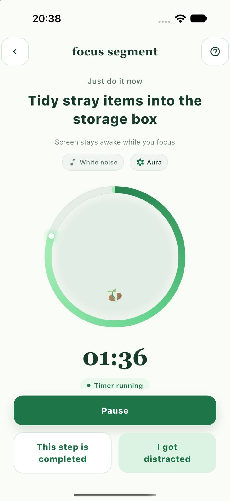 Focus screen showing the current action, a seedling timer, pause, completion, and distraction controls
