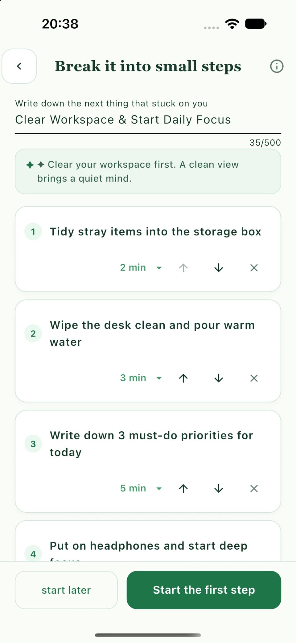 Editable task plan with four small steps, estimated durations, and a start-first-step button
