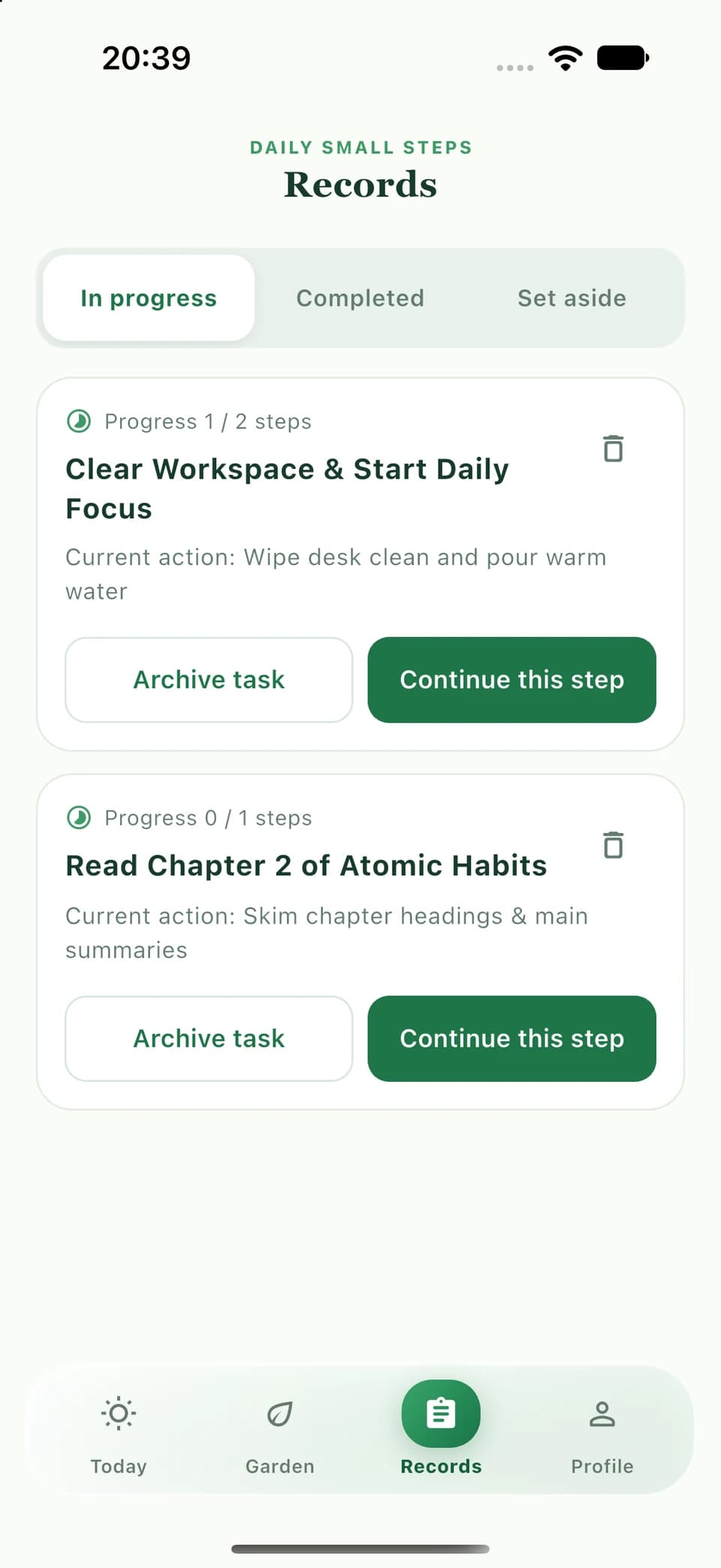 Records screen with in-progress tasks, step progress, archive controls, and continue-step buttons